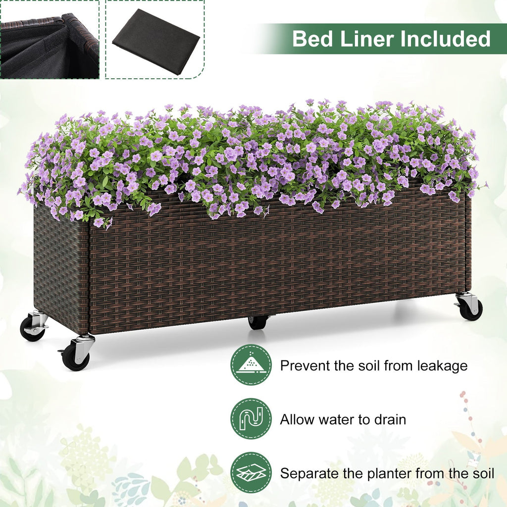 Raised Garden Bed PE Rattan Wicker Patio Planter Box with Wheels and Liner