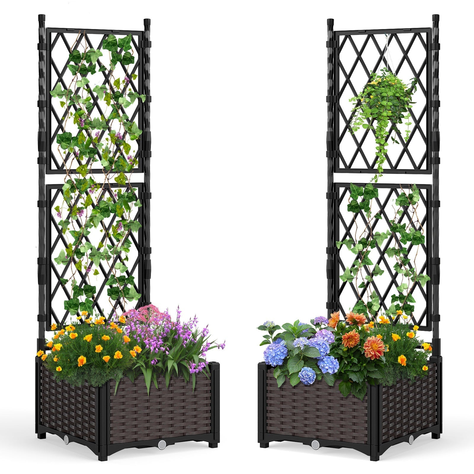 Raised Garden Bed with Lattice Trellis Drainage Self-Watering Elevated Vertical Planter Boxes-Black