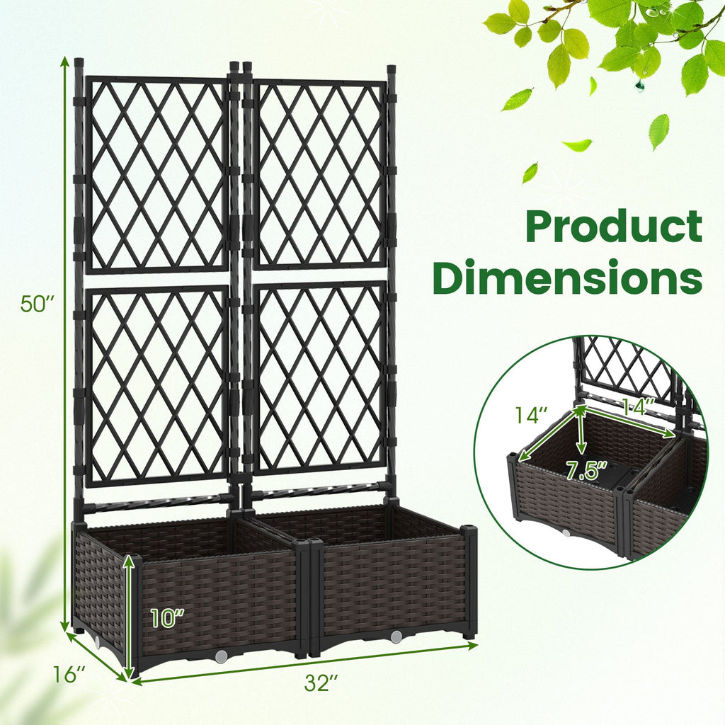 Raised Garden Bed with Lattice Trellis Drainage Self-Watering Elevated Vertical Planter Boxes-Black