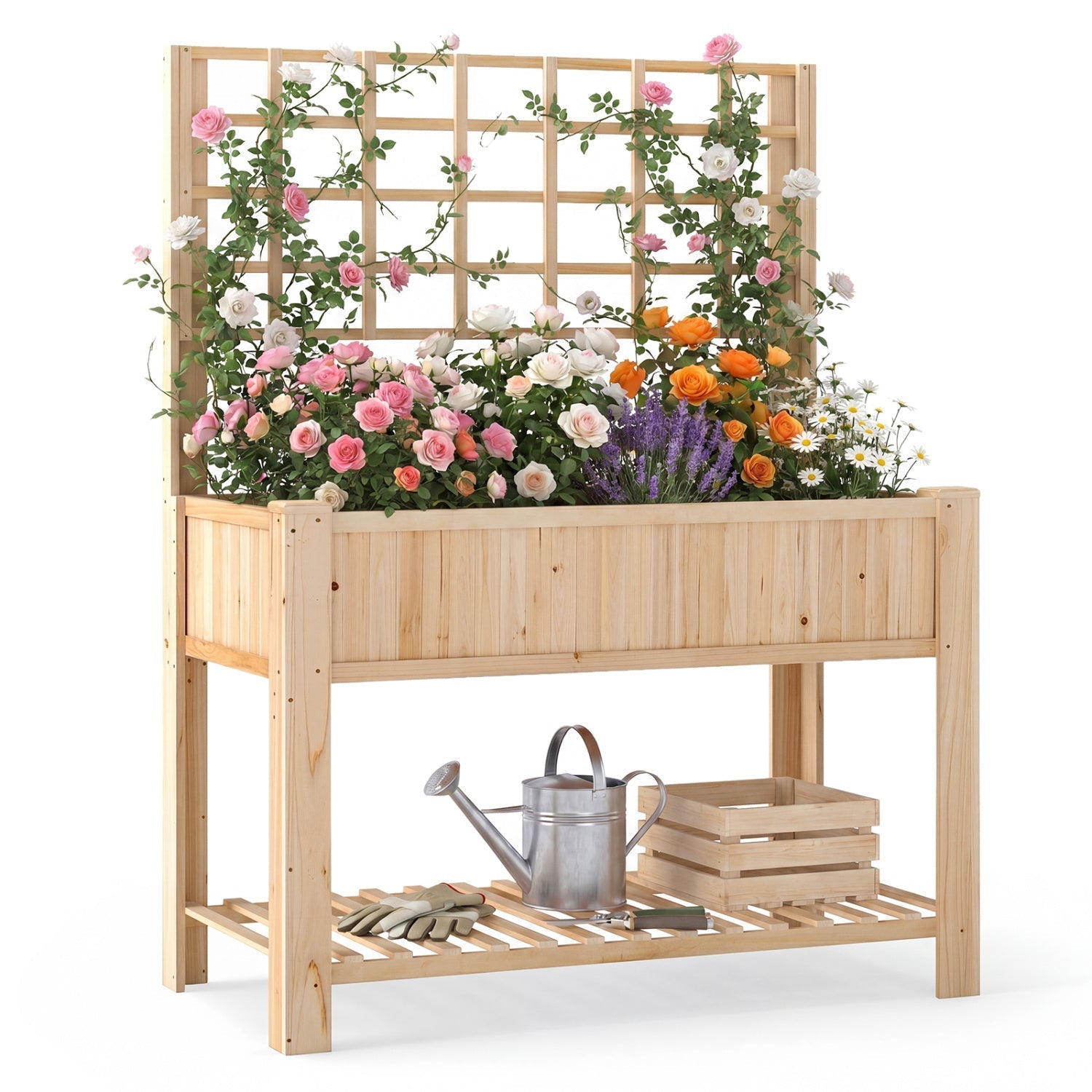 Raised Garden Bed with Trellis Wooden Elevated Planter Box with Legs