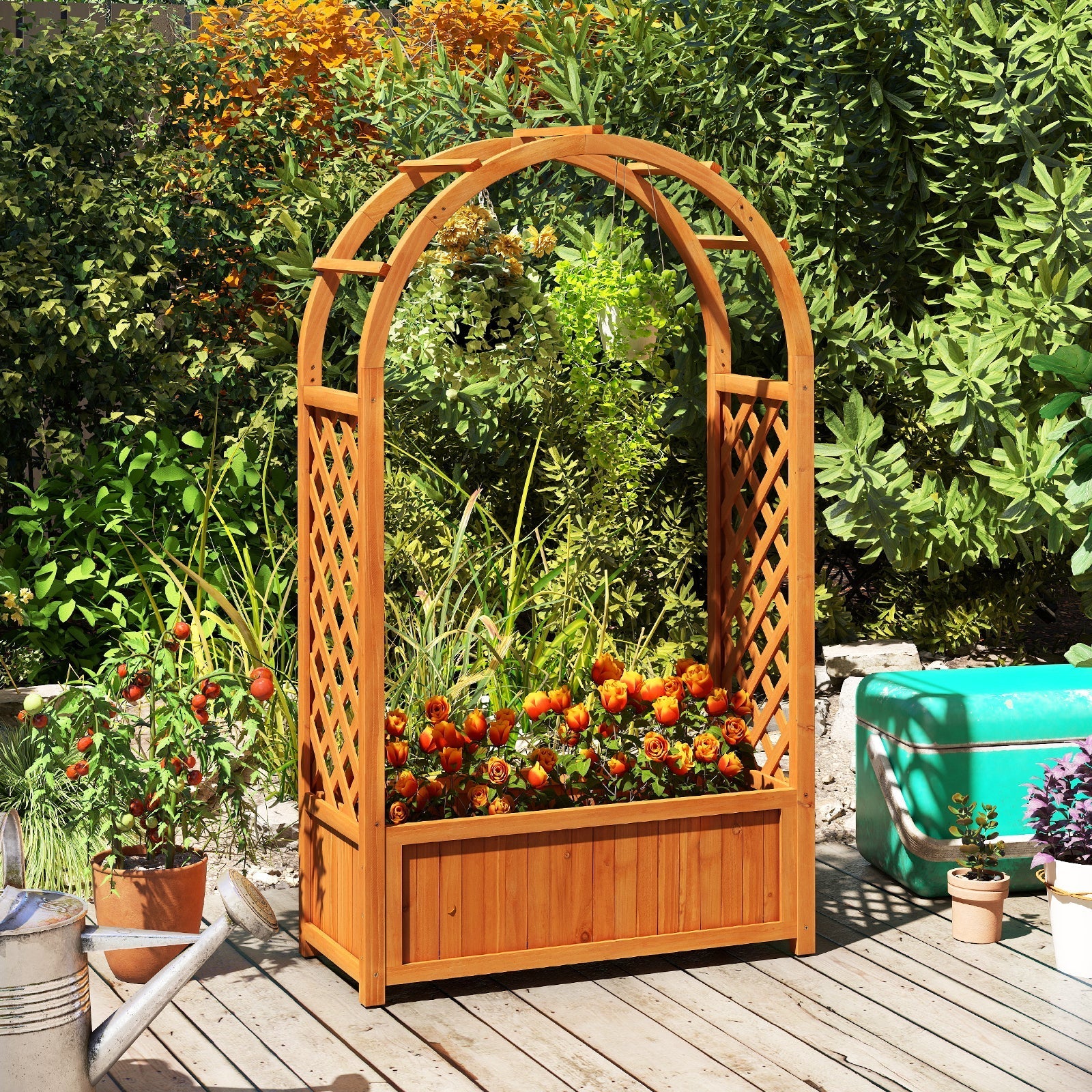 Raised Garden Bed with Lattice Trellis Ached Roof Wooden Elevated Planter Box-Brown