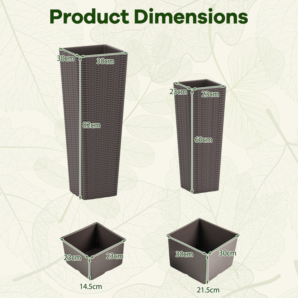 Rattan Tall Planter Set of 2 Outdoor Large Tapered Planters with Removable Inner Trays