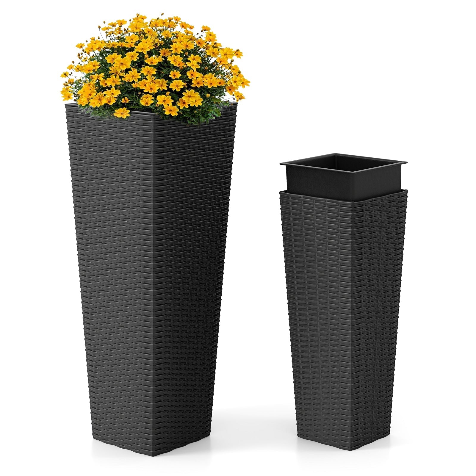 Rattan Tall Planter Set of 2 Outdoor Large Tapered Planters with Removable Inner Trays