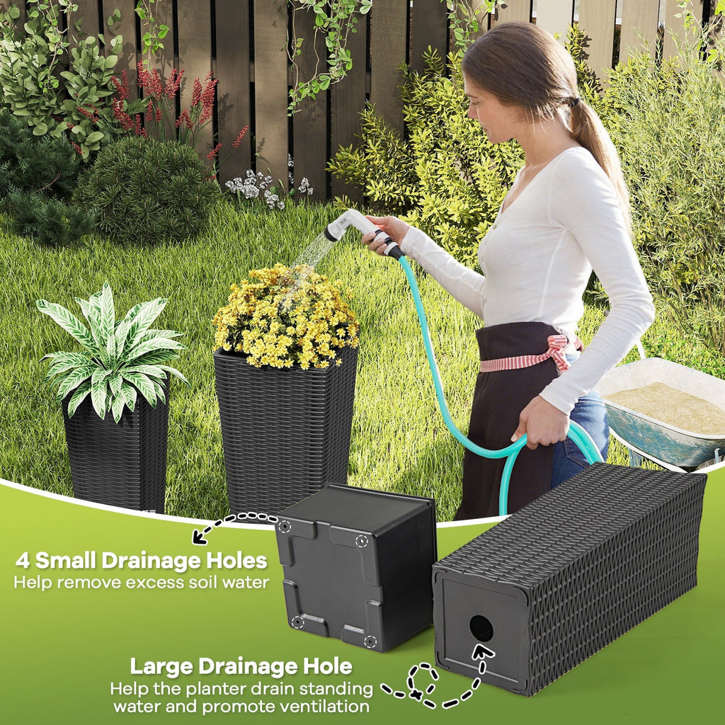 Rattan Tall Planter Set of 2 Outdoor Large Tapered Planters with Removable Inner Trays