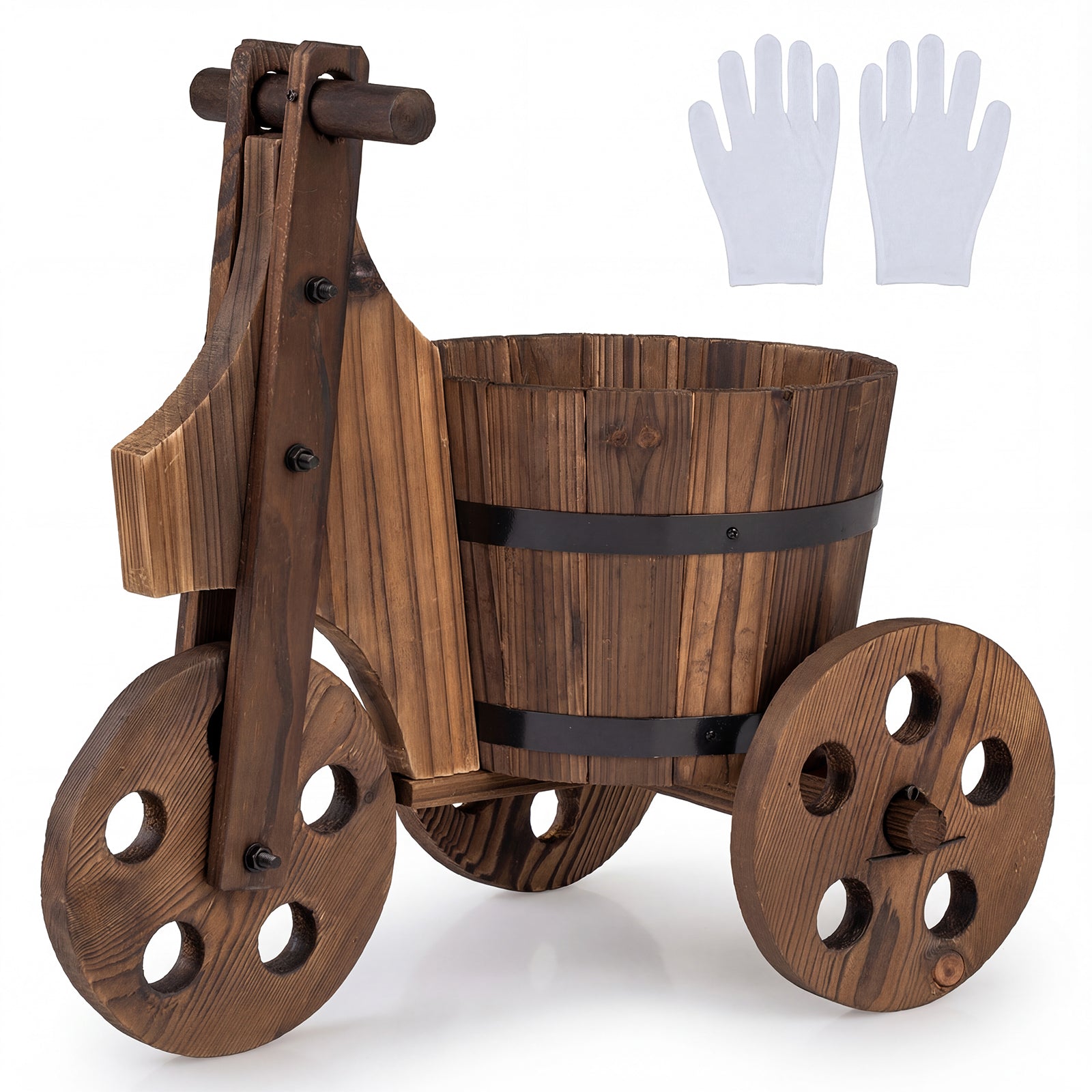 Rustic Wood Tricycle Planter Barrel Flower Pot Cart with Drainage Hole-Coffee