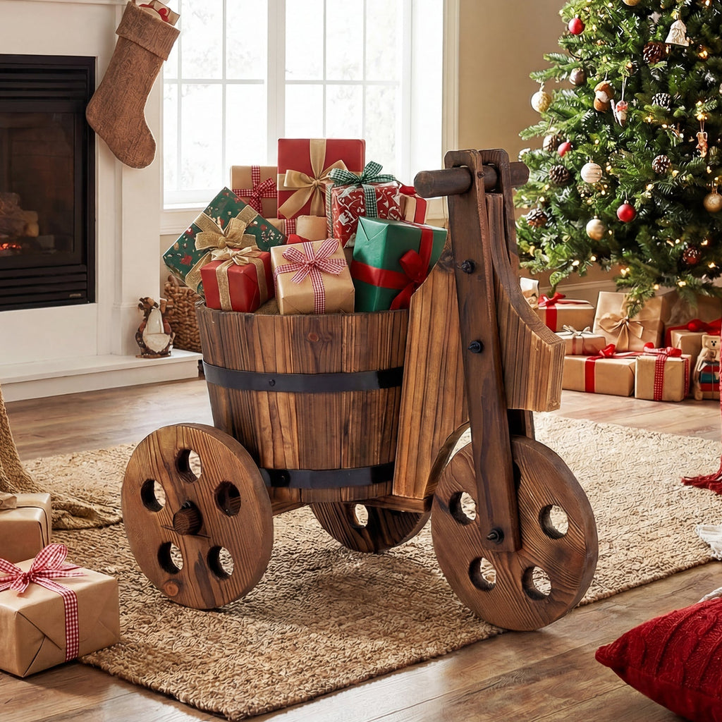 Rustic Wood Tricycle Planter Barrel Flower Pot Cart with Drainage Hole-Coffee