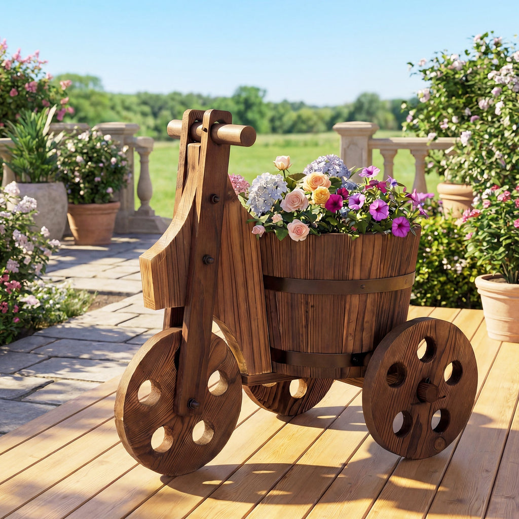 Rustic Wood Tricycle Planter Barrel Flower Pot Cart with Drainage Hole-Coffee