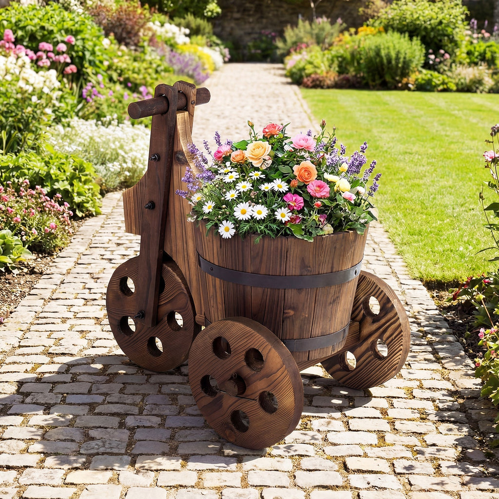 Rustic Wood Tricycle Planter Barrel Flower Pot Cart with Drainage Hole-Coffee