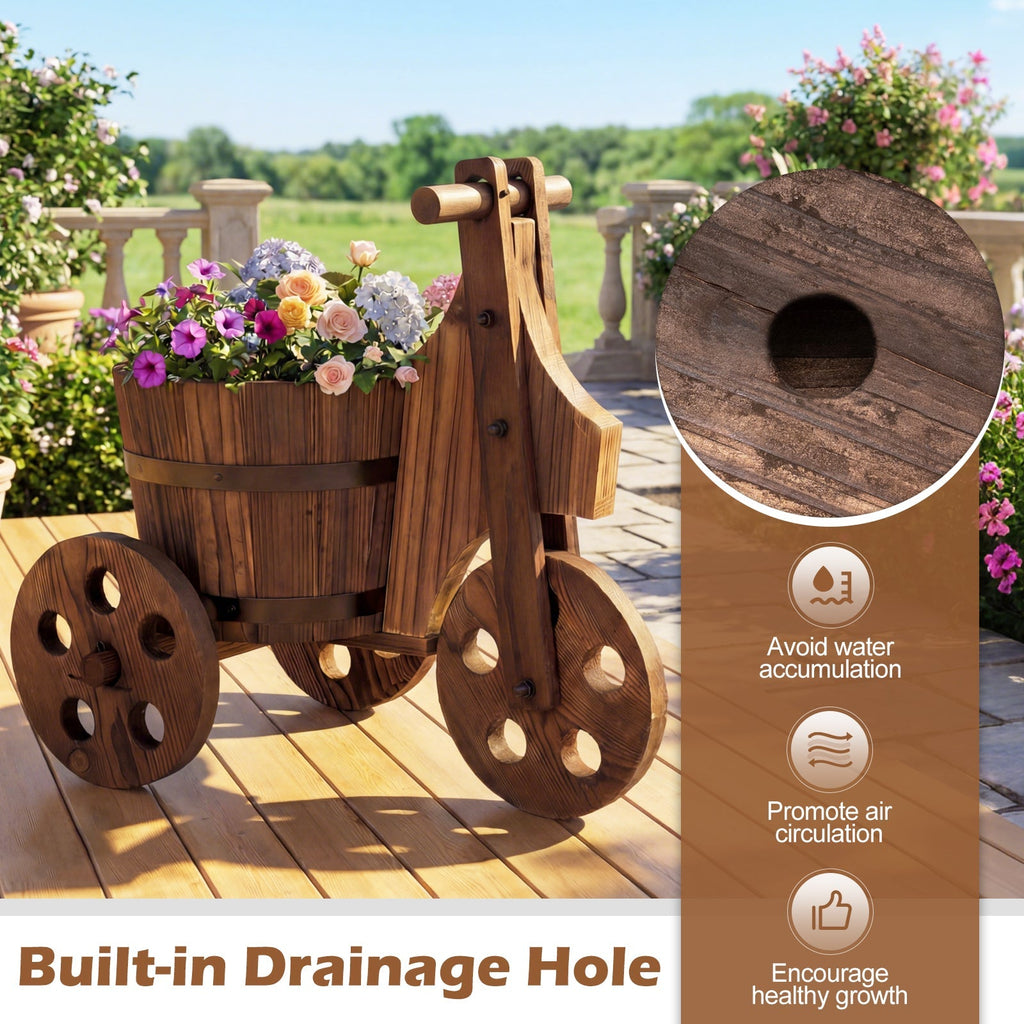 Rustic Wood Tricycle Planter Barrel Flower Pot Cart with Drainage Hole-Coffee