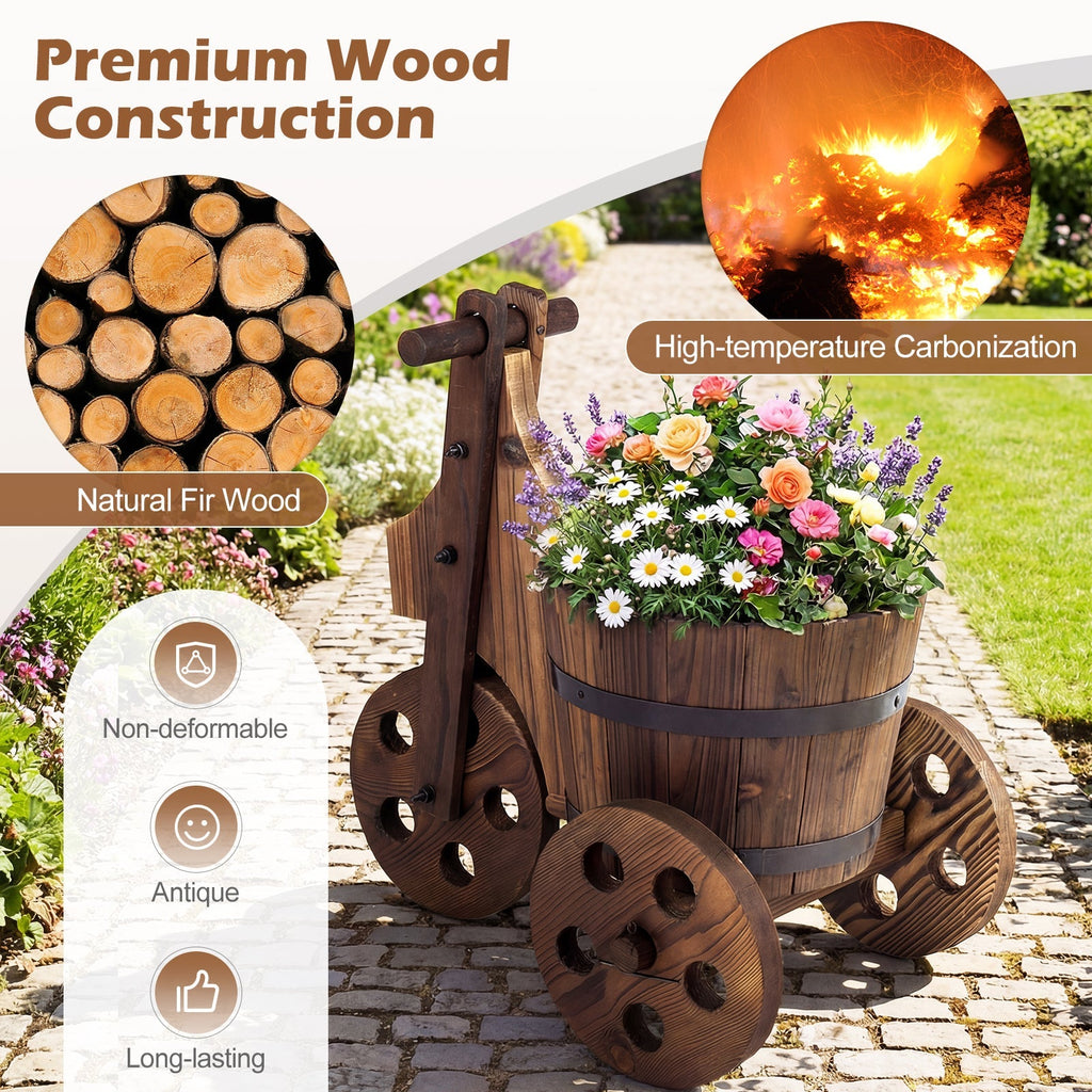 Rustic Wood Tricycle Planter Barrel Flower Pot Cart with Drainage Hole-Coffee