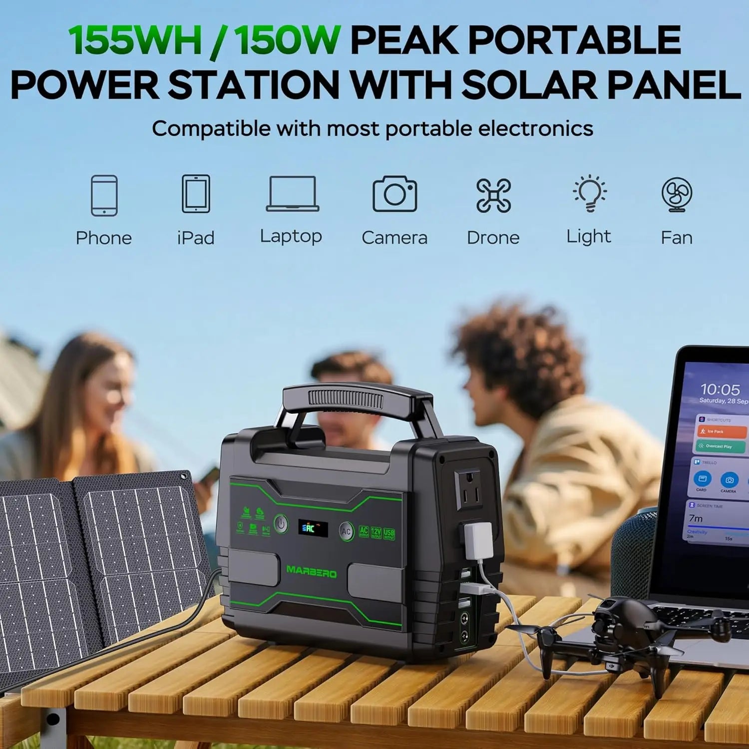 155Wh Portable Solar Generator 30W Panel 2 AC QC3.0 USB Camping RV Home Backup
