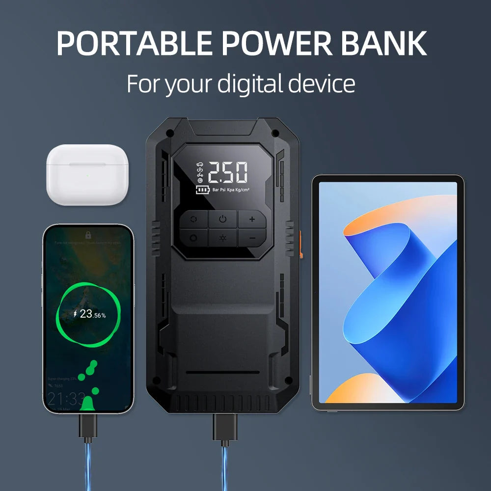 4-in-1 Car Jump Starter & Portable Air Compressor – Battery Booster & Tire Pump