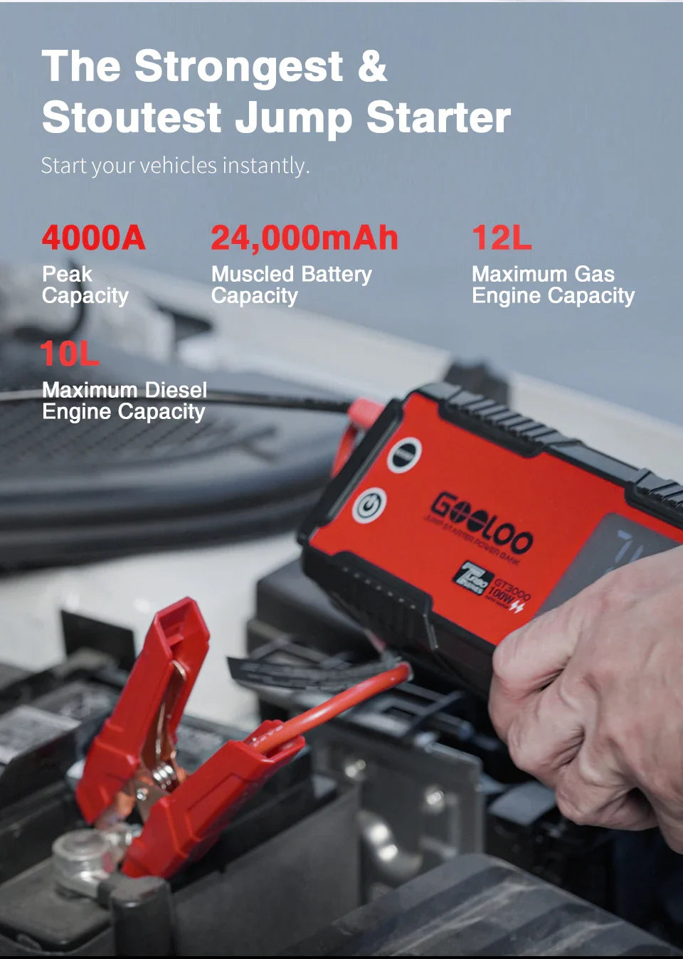 GOOLOO 4000A 12V Charger External Battery Booster 24000mah Car Jump Starter Car Battery PD100W Fast Charging Portable Power Bank