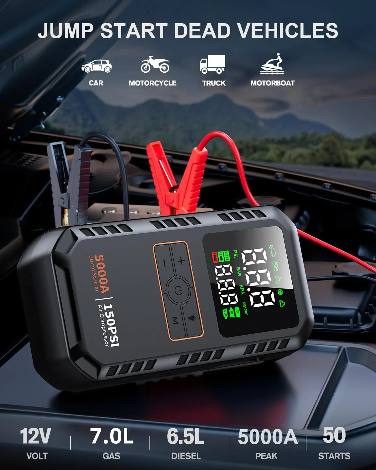 4 in 1 Car Jump Starter 5000A with Air Compressor 150PSI Tire Inflator