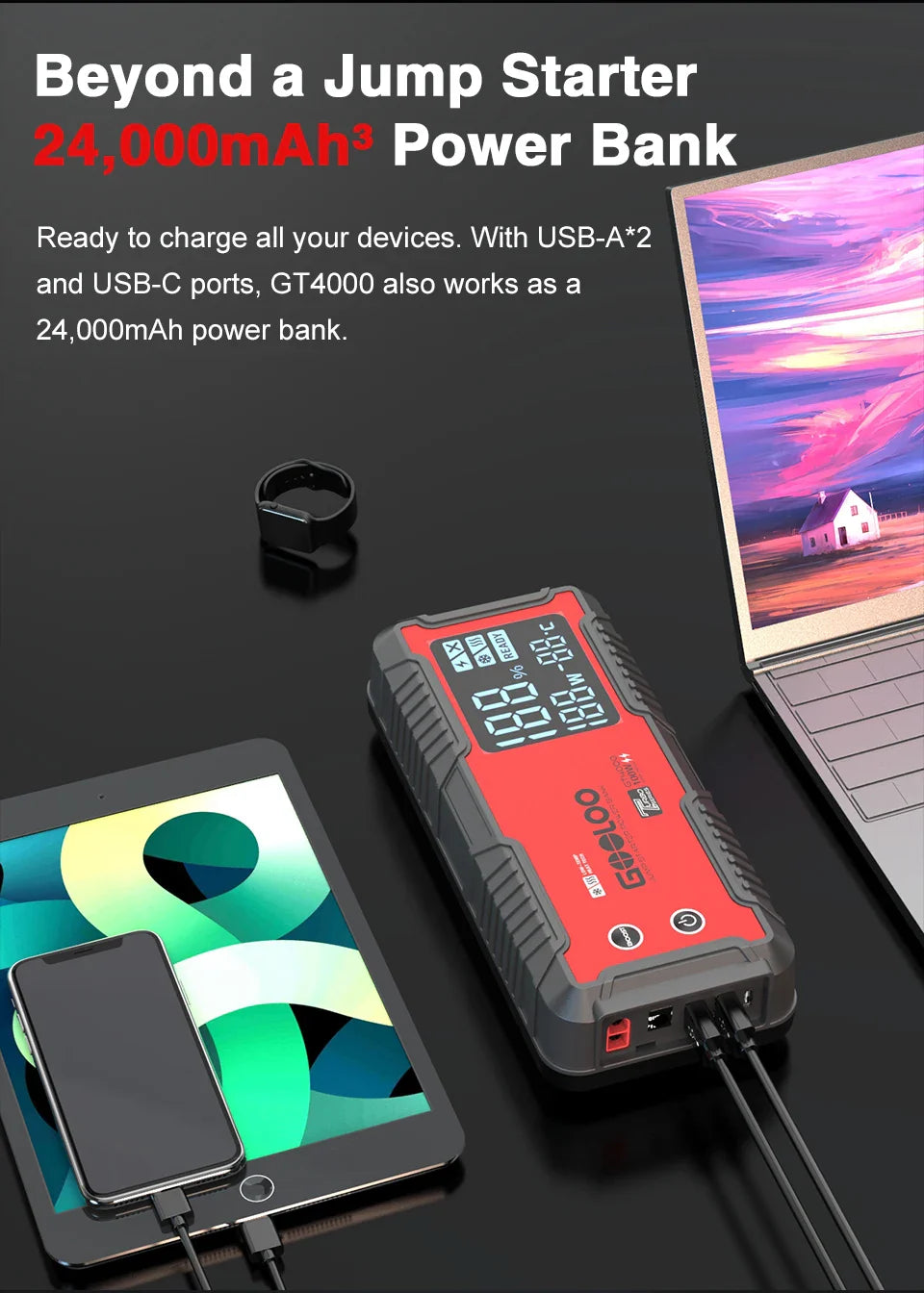 GOOLOO 4000A 12V Charger External Battery Booster 24000mah Car Jump Starter Car Battery PD100W Fast Charging Portable Power Bank