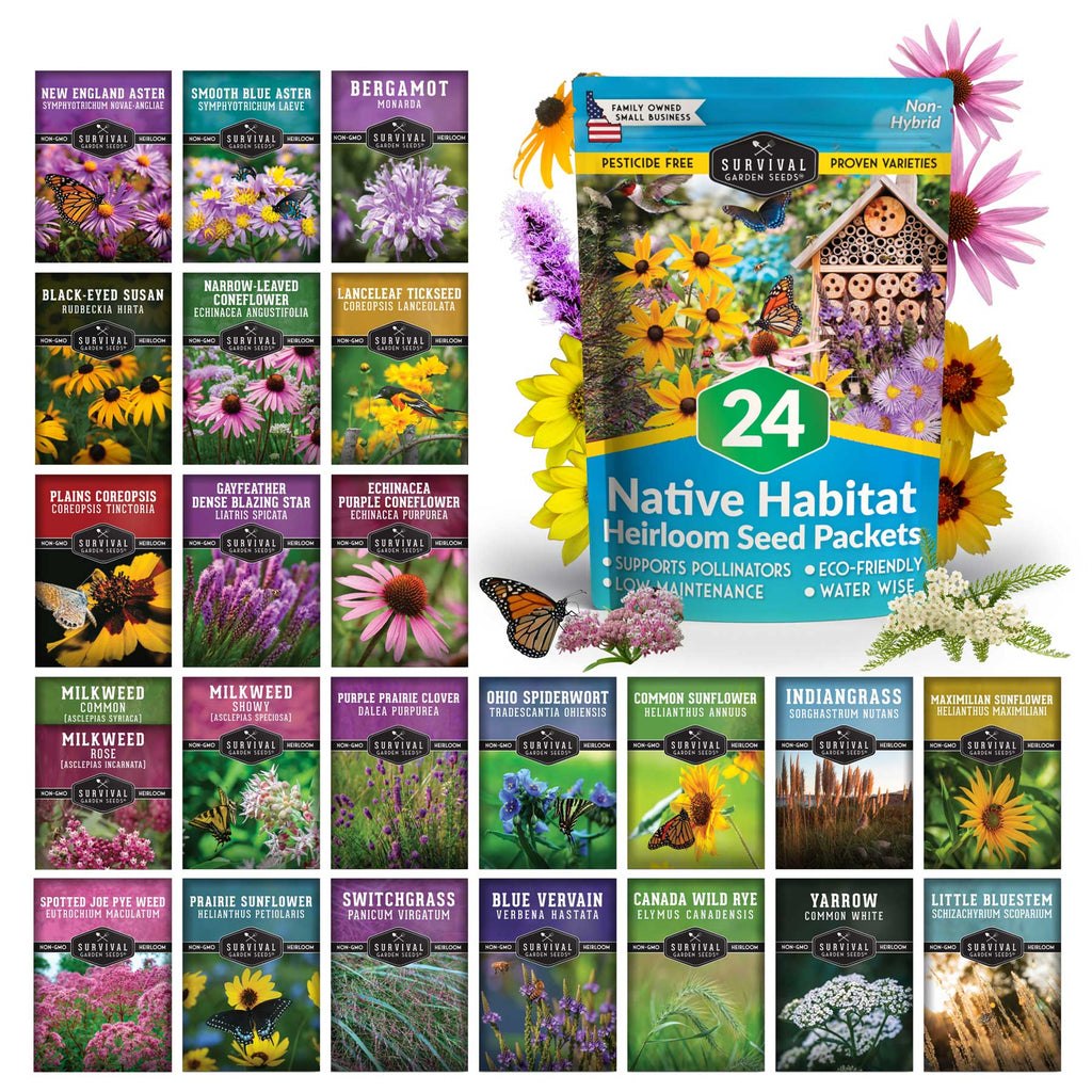 Native Habitat Seed Collection – 24 Native Wildflowers & Grasses for Pollinators, Meadows & Low-Maintenance Landscapes