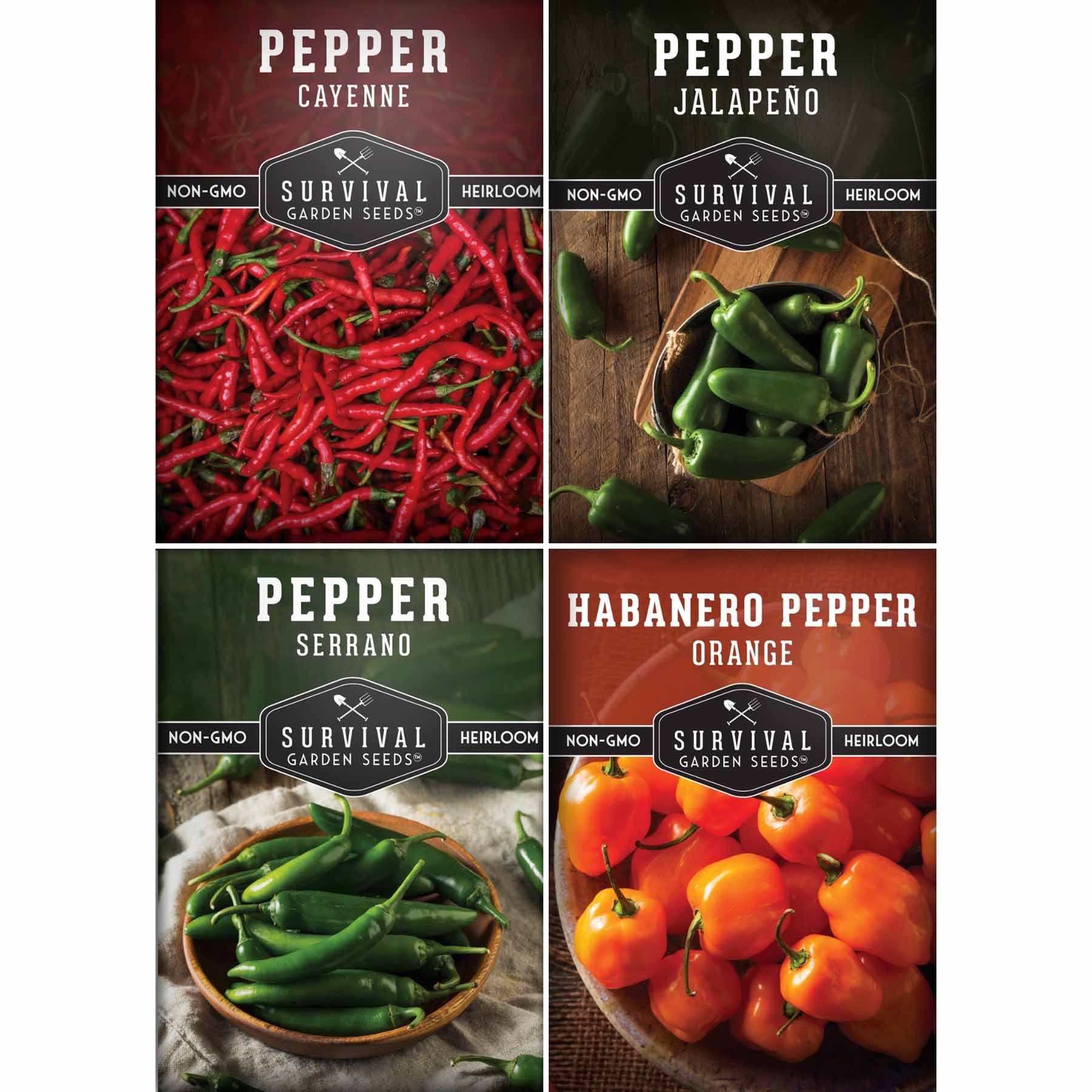 Hot Pepper Seed Collection – Heirloom Non-GMO 4-Variety Pack: Jalapeño, Serrano, Cayenne & Habanero Orange for Salsas, Sauces & Spicy Cooking