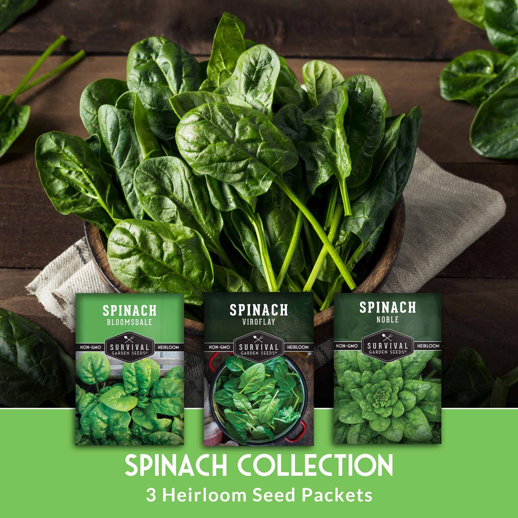 Spinach Seed Collection – 3 Heirloom Non-GMO Varieties: Viroflay, Giant Noble & Bloomsdale for Spring and Fall Gardens