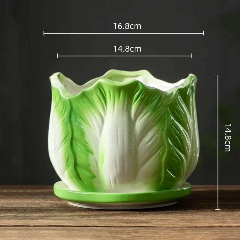 DecorBites™ Cabbage Flowerpot with Tray | Creative Cartoon Vegetable Basin | Indoor Garden Flower Vase