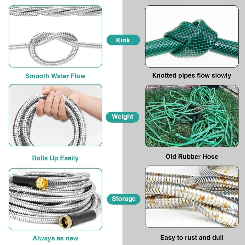 Lefree Garden Hose 25ft-100ft, Metal Garden Hose with Nozzle, Leak Proof Water Hose, 3/4" Fittings Metal Hose for Yard, Flexible
