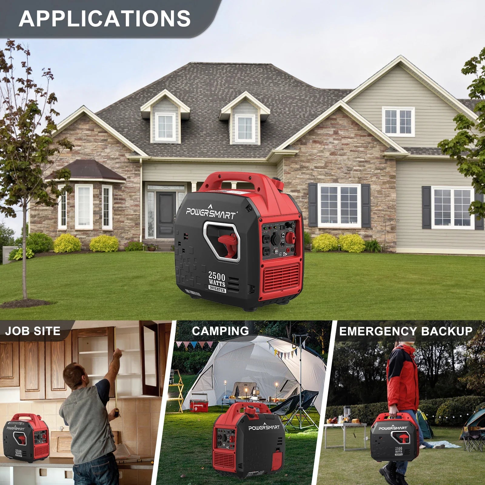 2500W Portable Inverter Generator Quiet Gas-Powered RV Home Backup with CO Safety