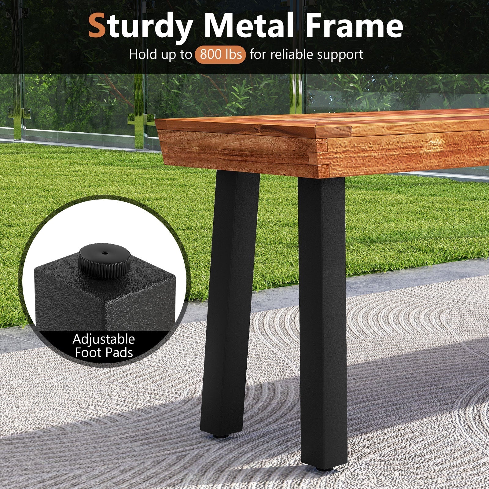 Set of 1 Outdoor Acacia Wood Benches 2-3 People Backless Garden Front Benches with Metal Frame-1 Piece