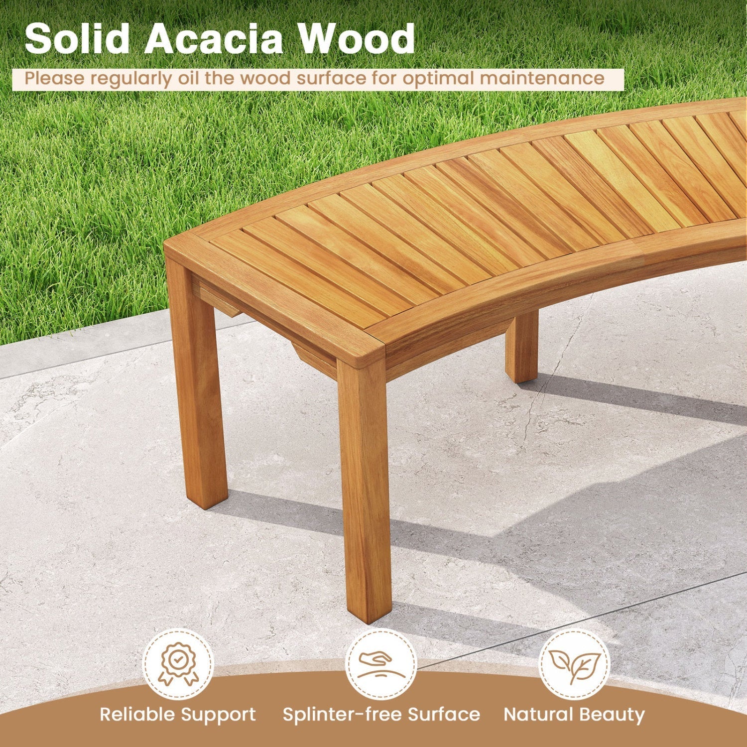 Curved Acacia Wood Garden Bench for 2 Person