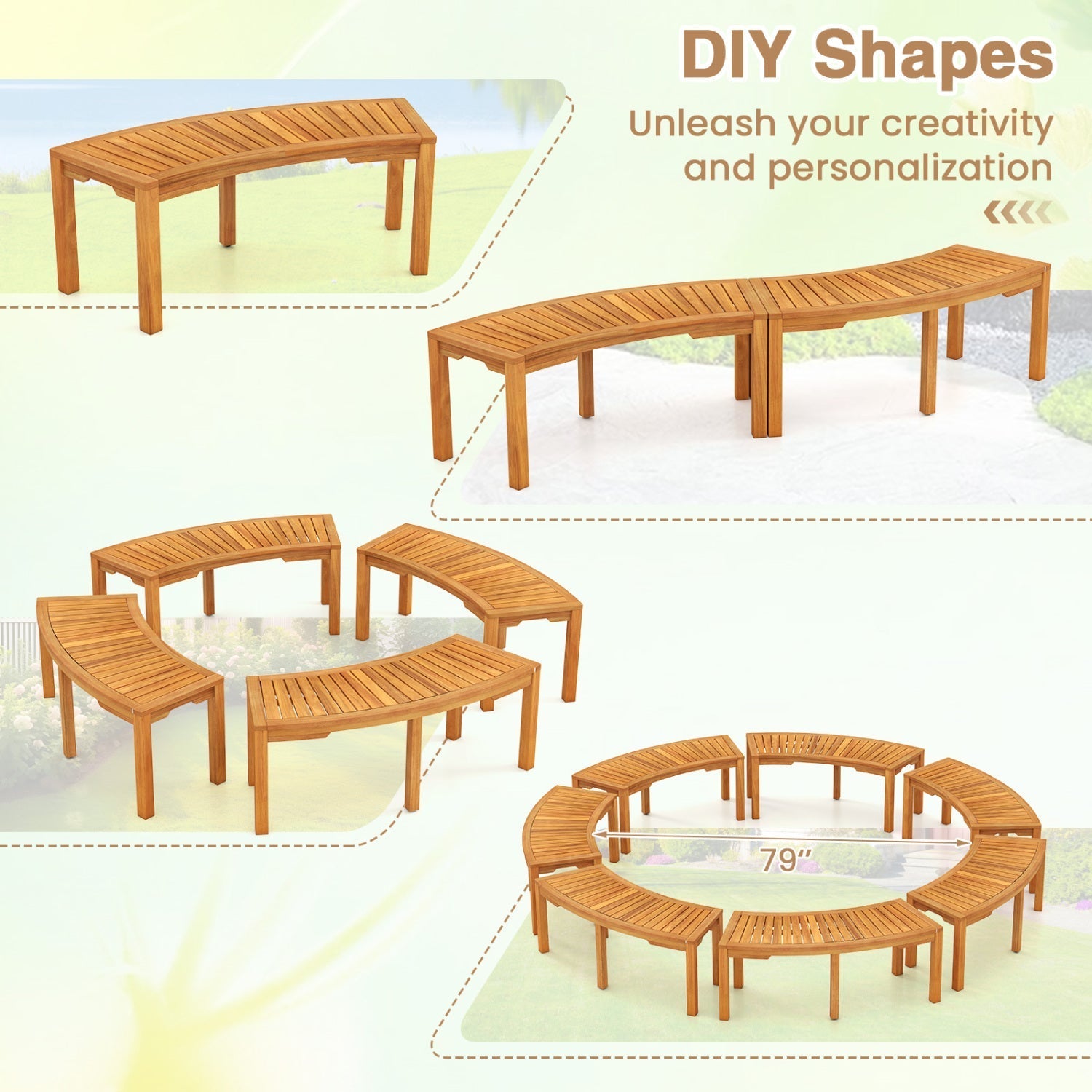 Curved Acacia Wood Garden Bench for 2 Person