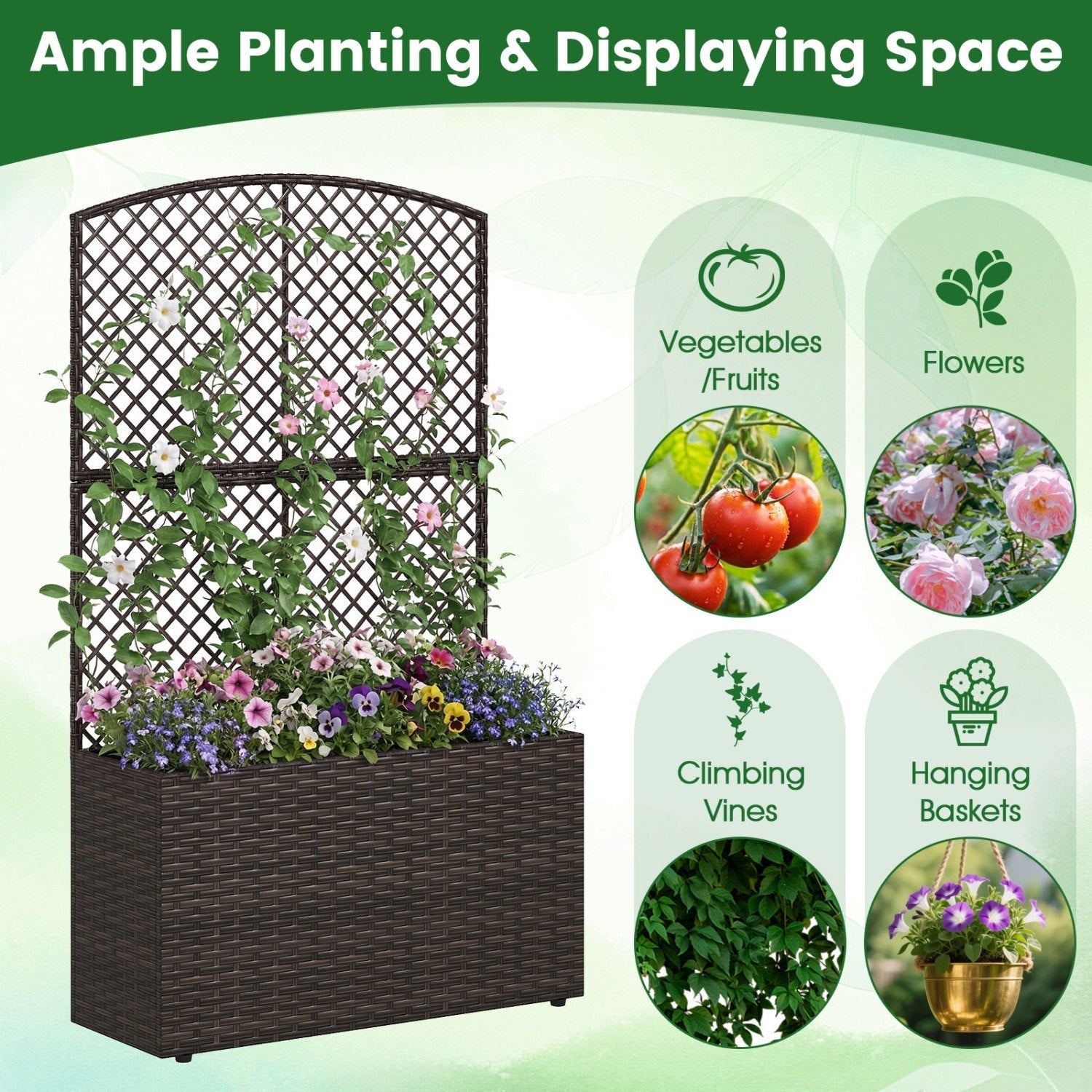 Set of 2 49 Inch Raised Garden Bed with Trellis and Wicker Planter Box