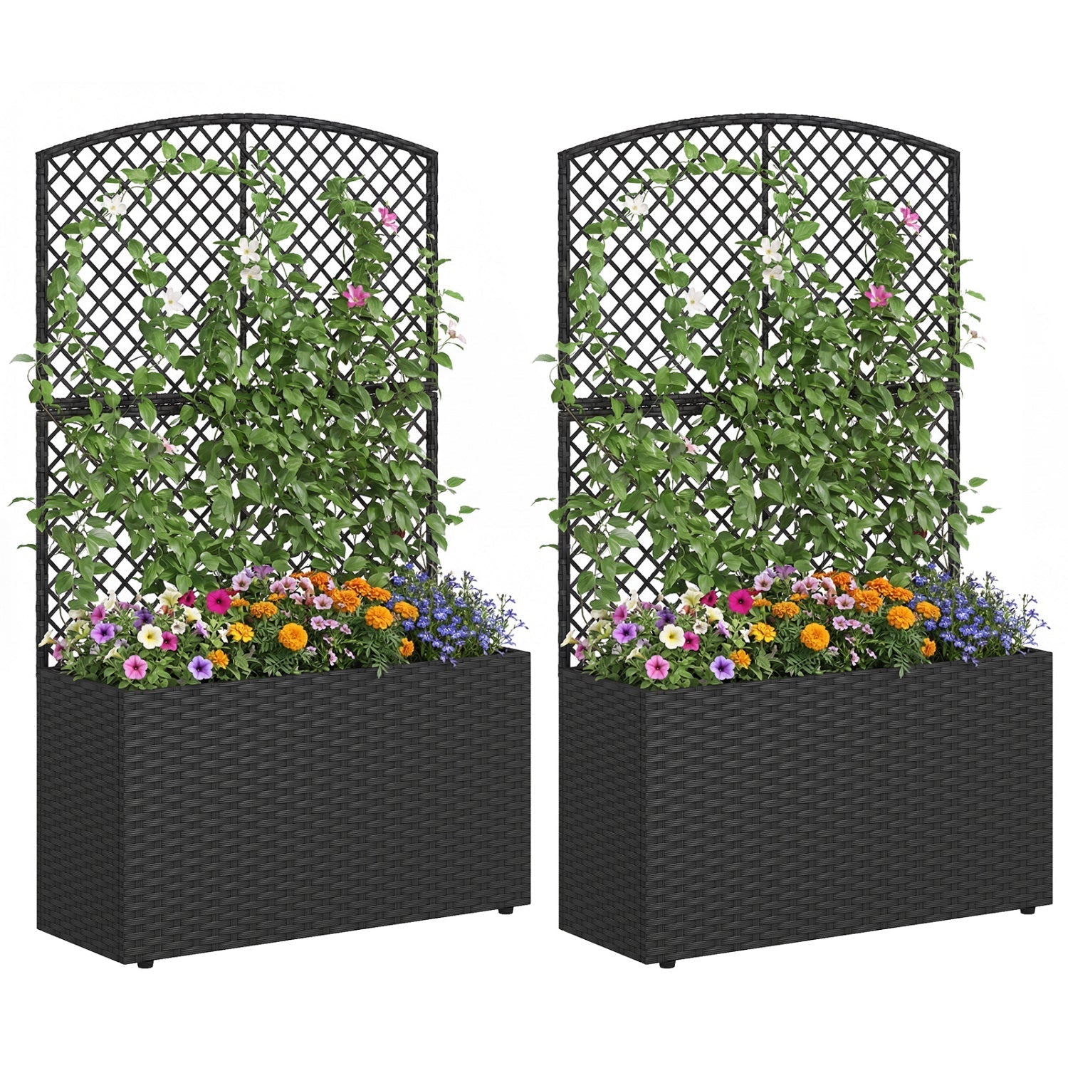 Set of 2 49 Inch Raised Garden Bed with Trellis and Wicker Planter Box