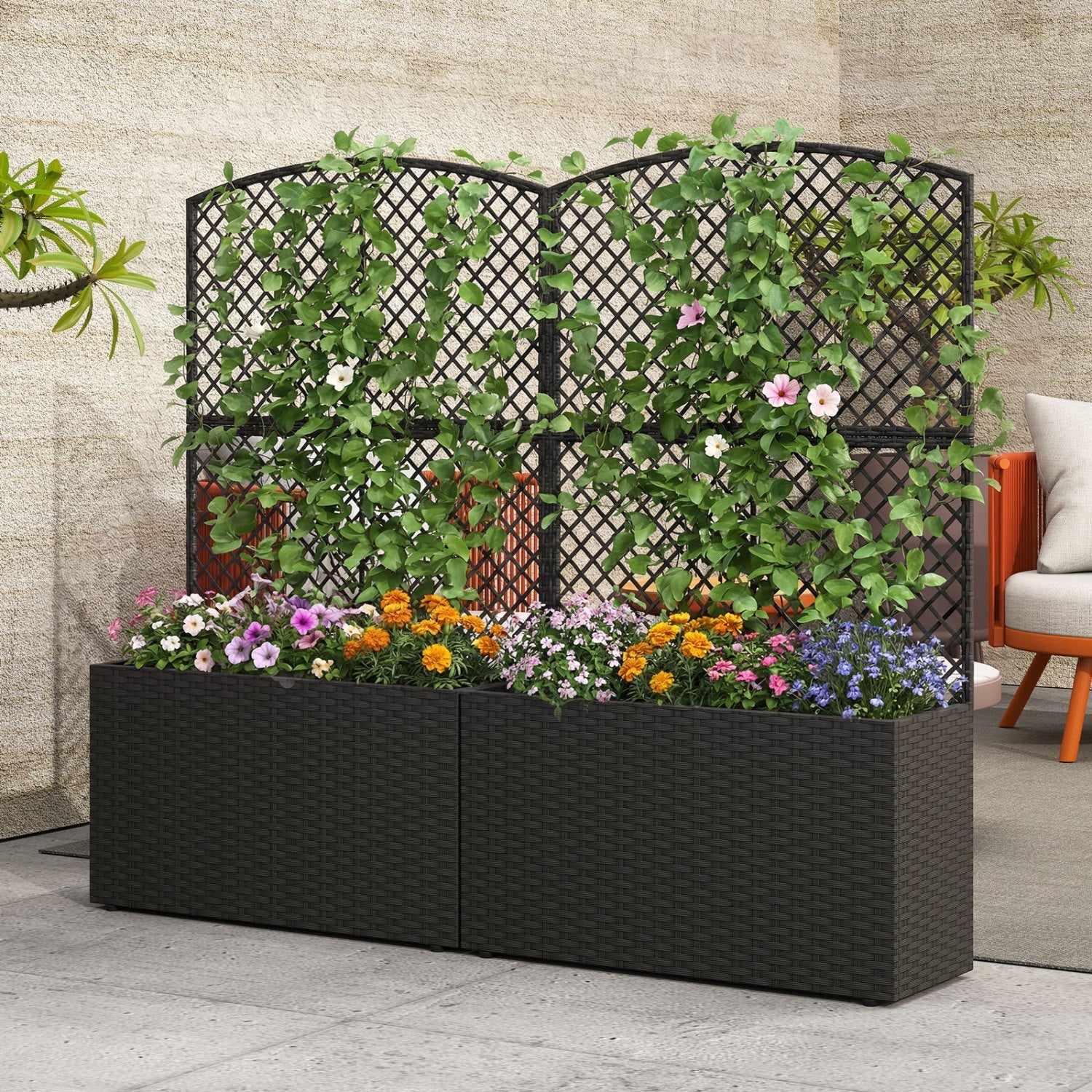 Set of 2 49 Inch Raised Garden Bed with Trellis and Wicker Planter Box