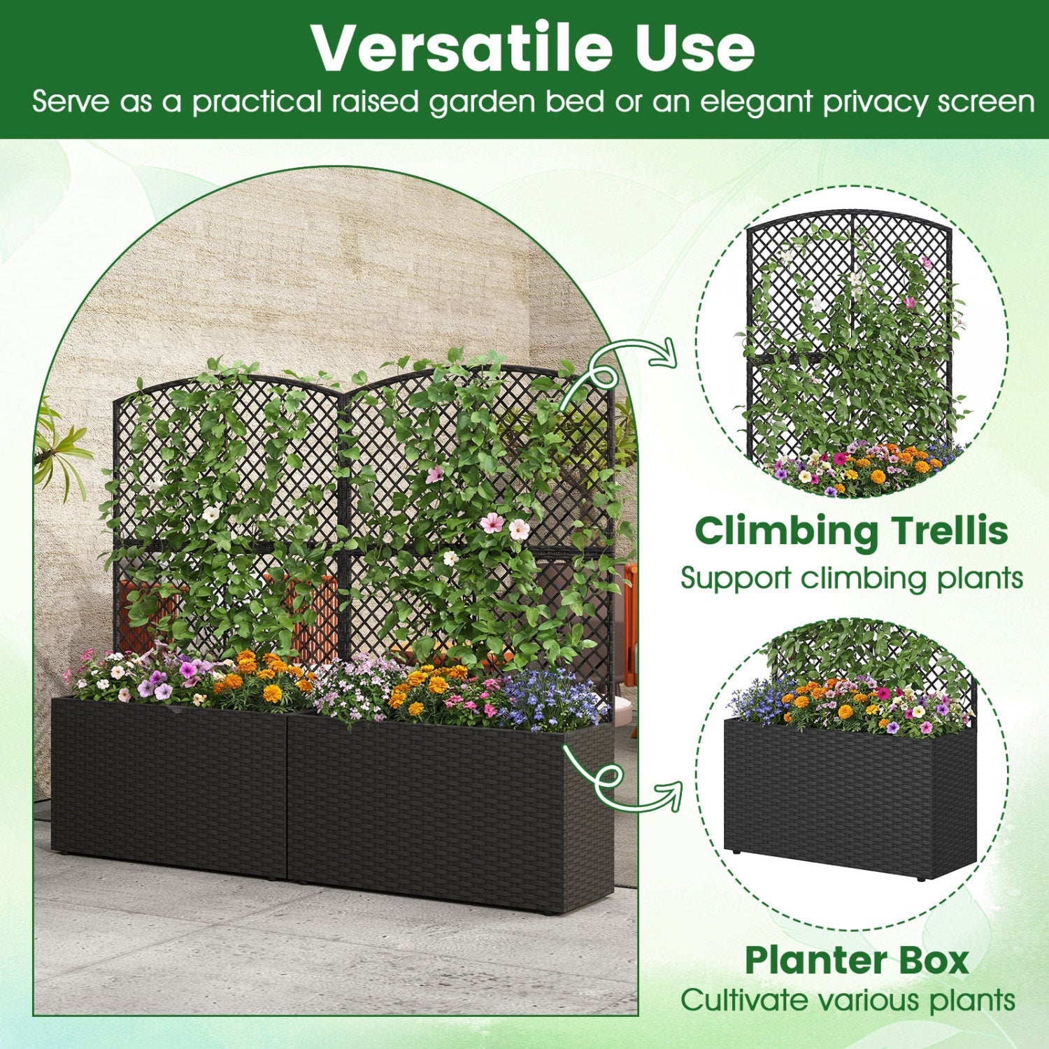 Set of 2 49 Inch Raised Garden Bed with Trellis and Wicker Planter Box