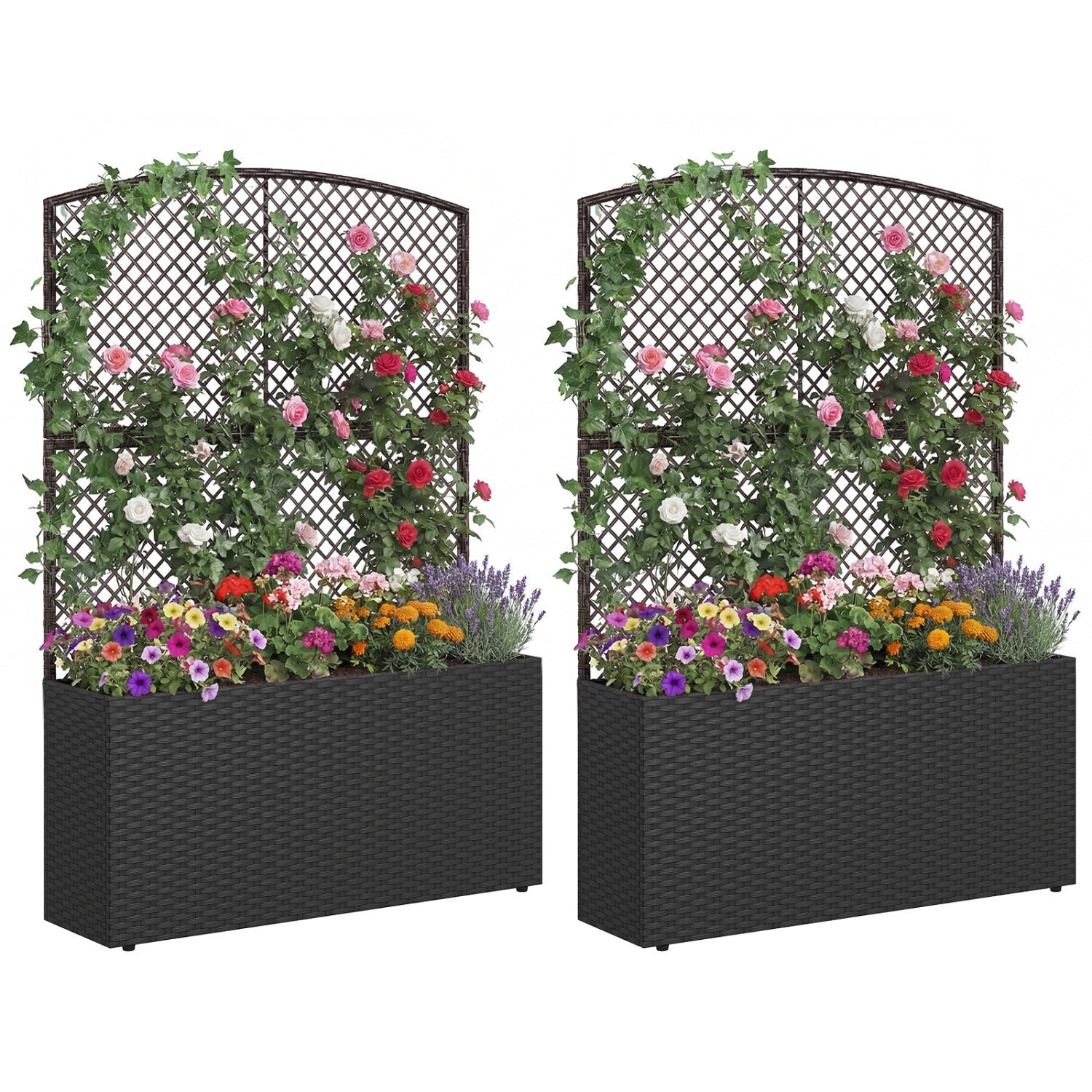 Set of 2 58 Inch Raised Garden Bed with Trellis and Wicker Planter Box