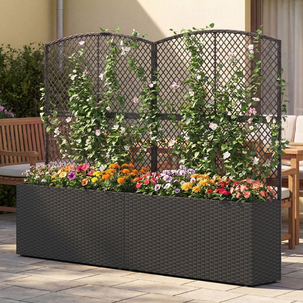 Set of 2 58 Inch Raised Garden Bed with Trellis and Wicker Planter Box