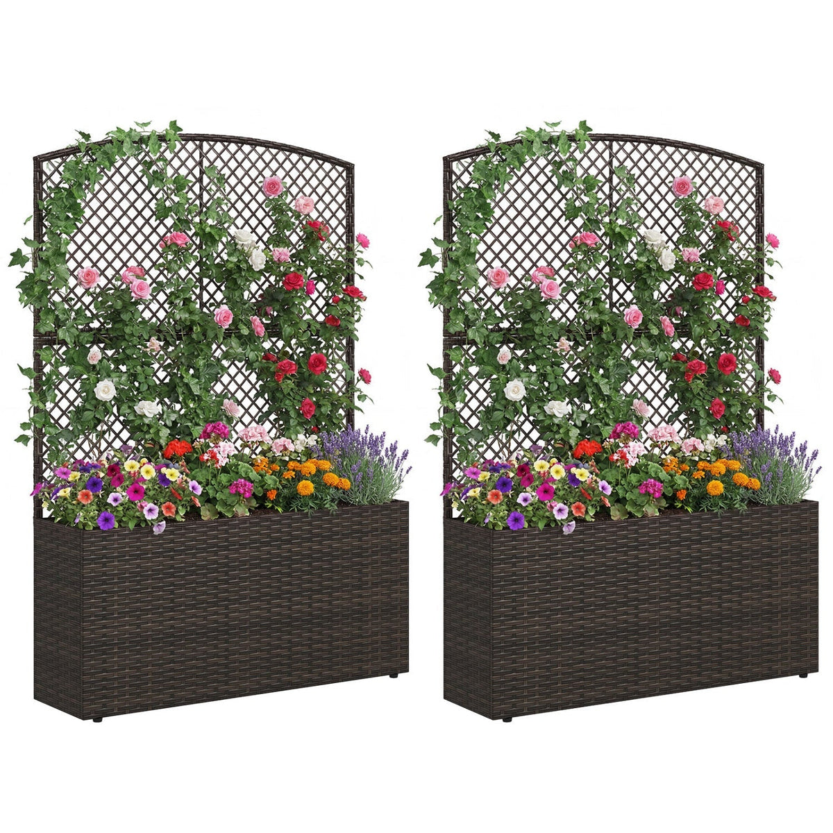 Set of 2 58 Inch Raised Garden Bed with Trellis and Wicker Planter Box