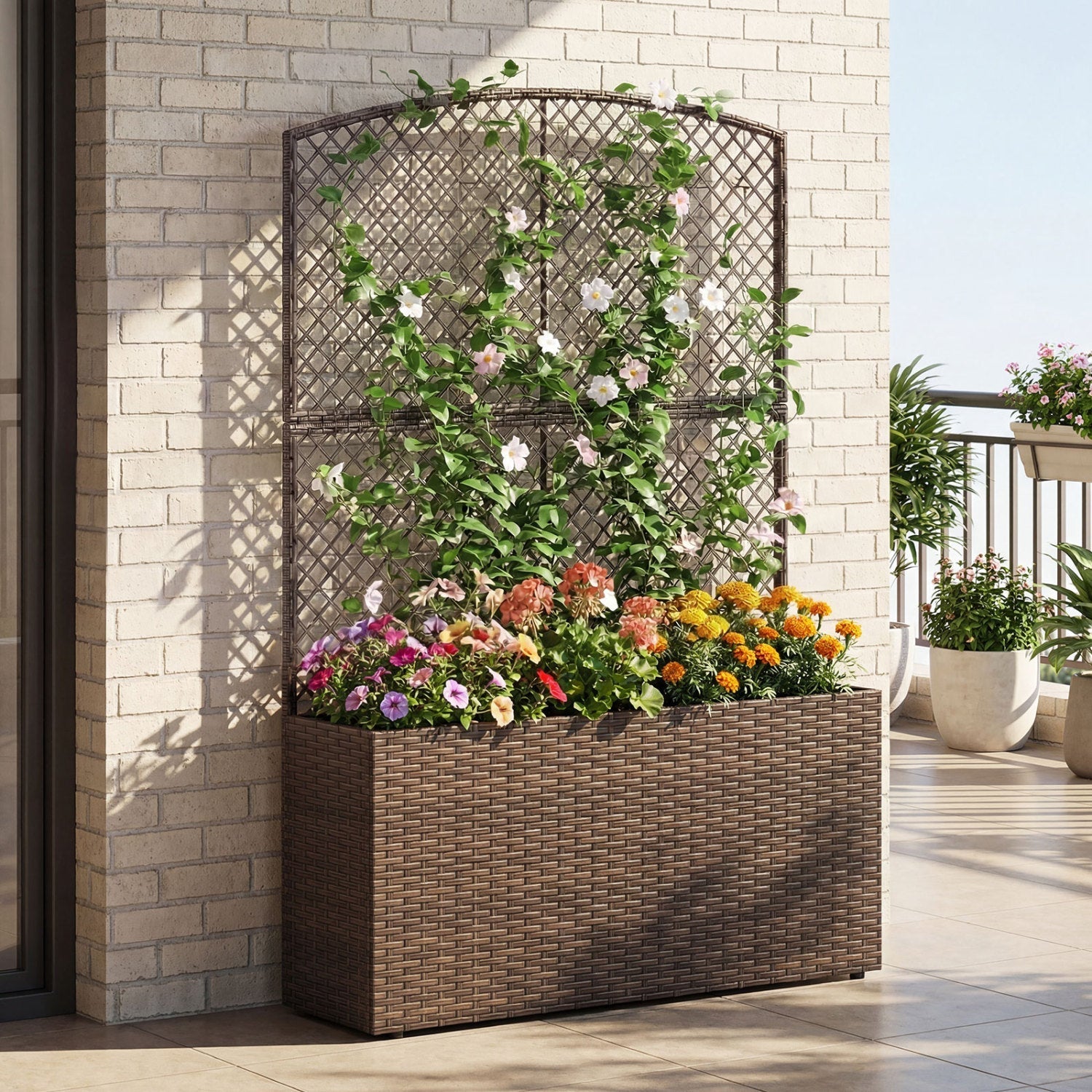 Set of 2 58 Inch Raised Garden Bed with Trellis and Wicker Planter Box