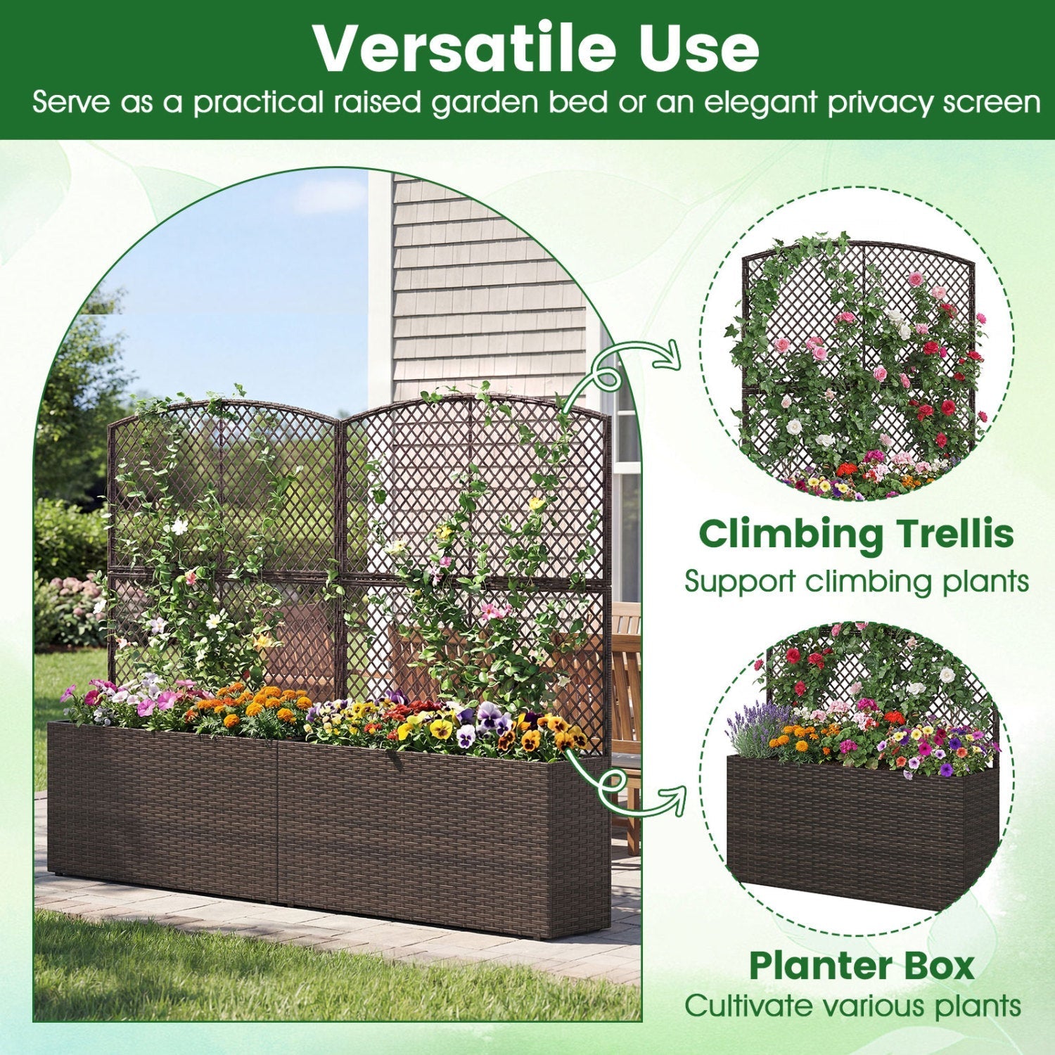 Set of 2 58 Inch Raised Garden Bed with Trellis and Wicker Planter Box