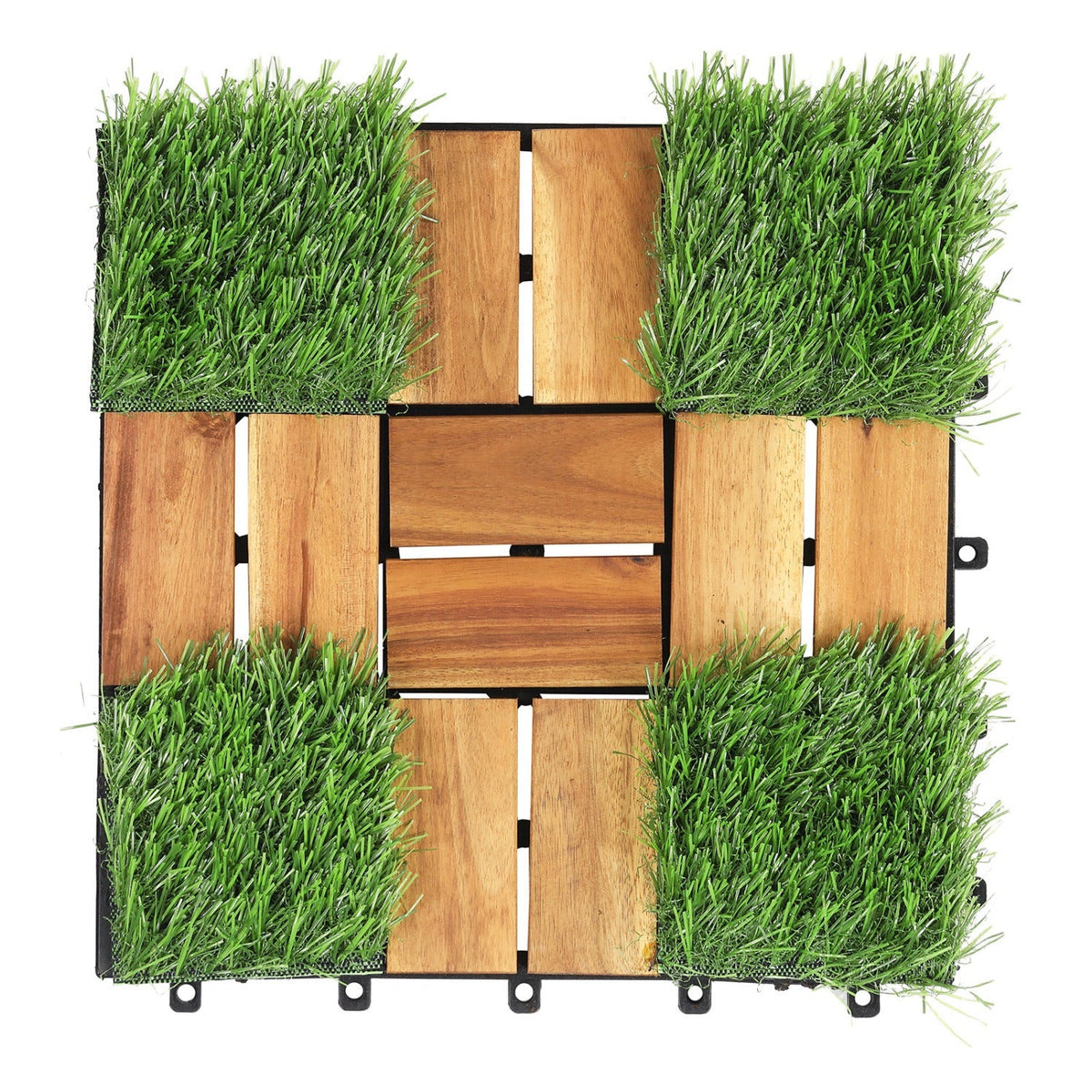 Acacia Wood Interlocking Deck Tiles with Artificial Grass