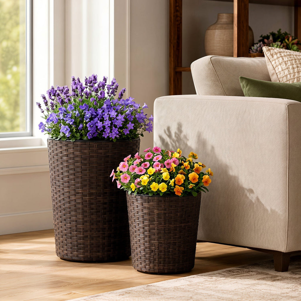 Plastic Rattan Planters Set of 3 with Drainage and Saucers