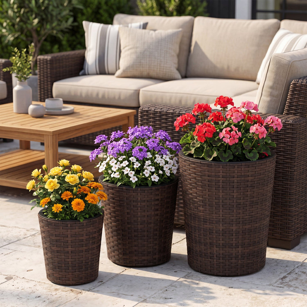 Plastic Rattan Planters Set of 3 with Drainage and Saucers
