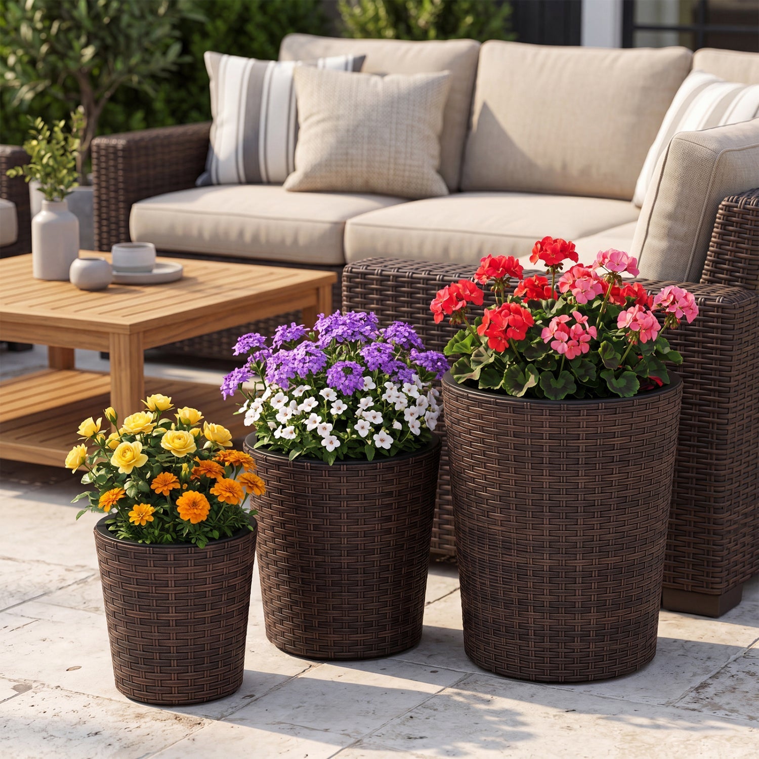 Plastic Rattan Planters Set of 3 with Drainage and Saucers
