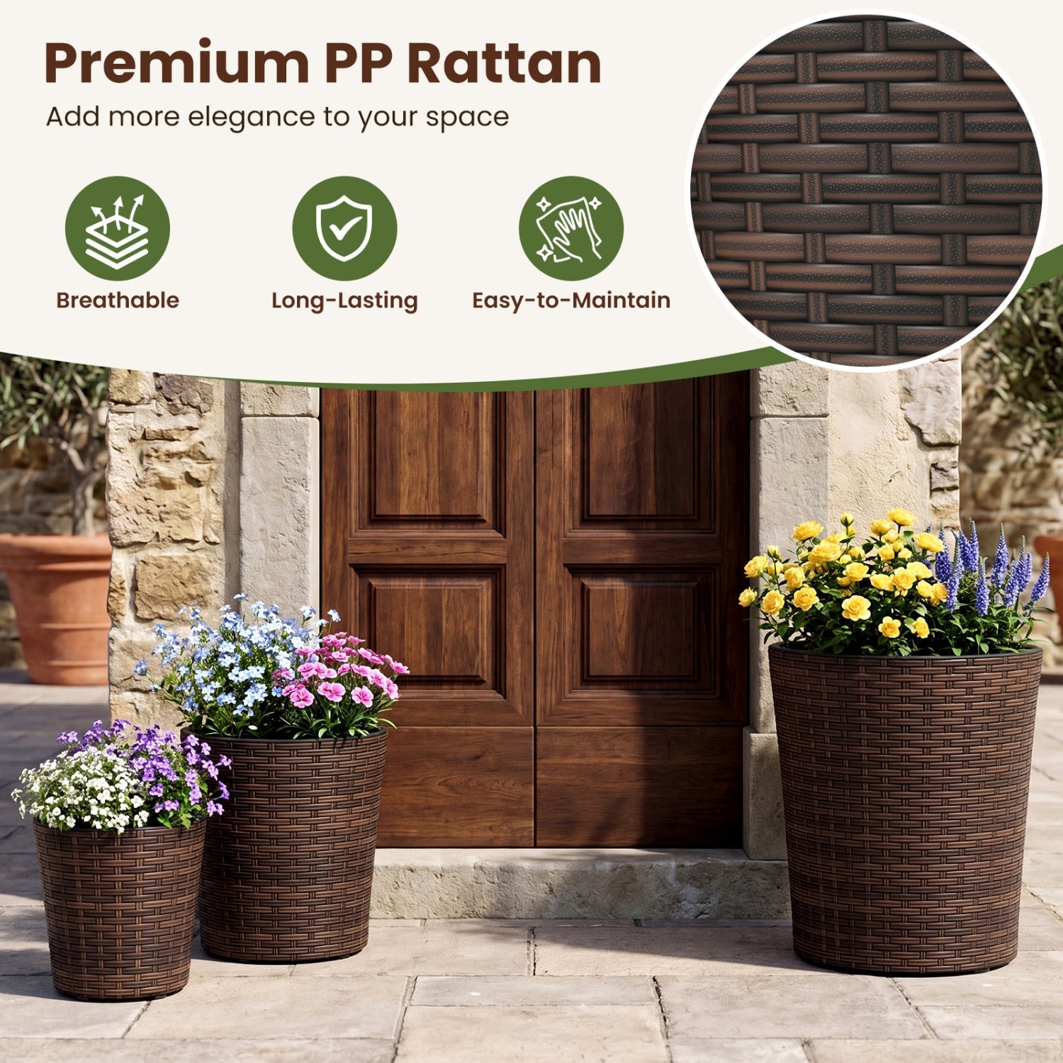 Plastic Rattan Planters Set of 3 with Drainage and Saucers
