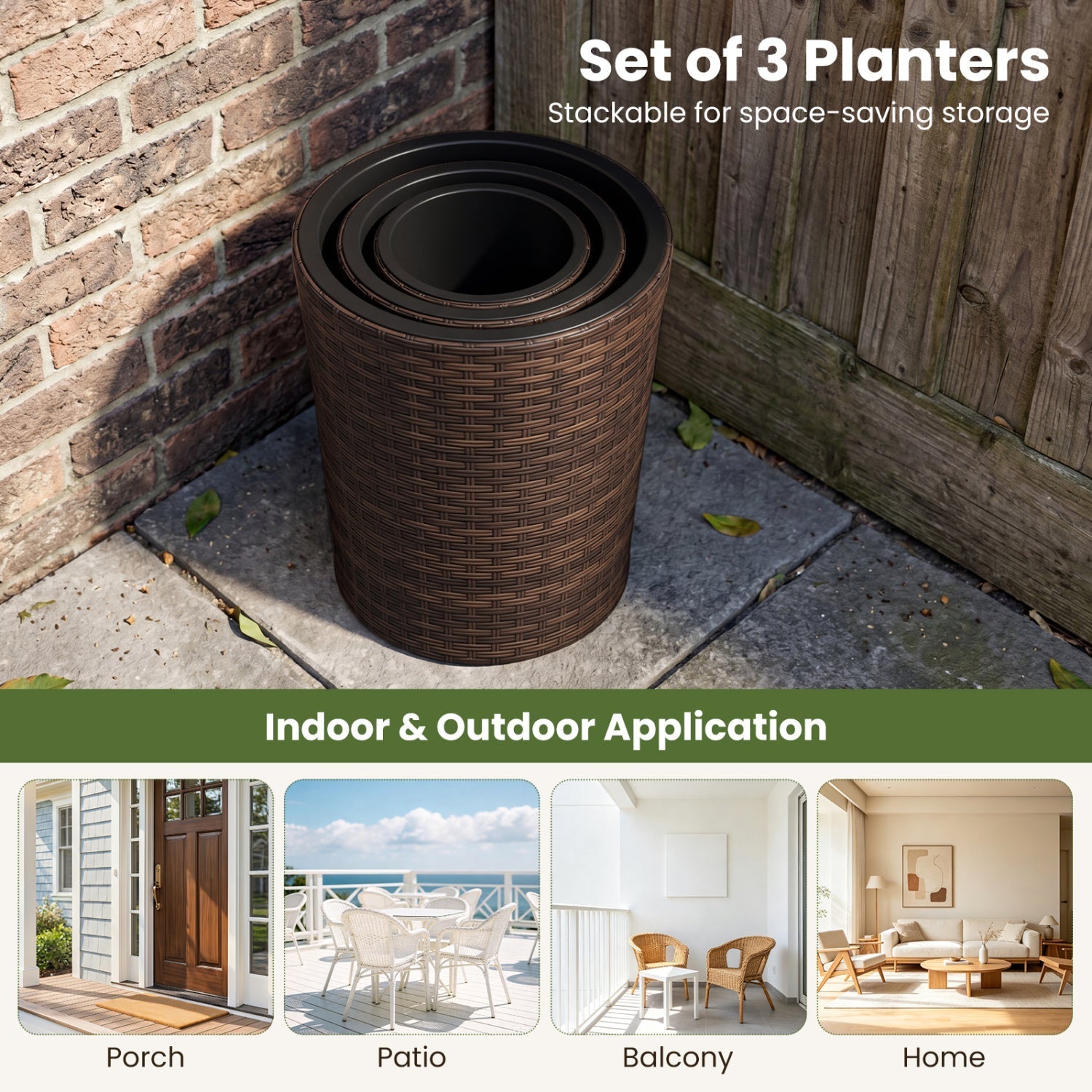 Plastic Rattan Planters Set of 3 with Drainage and Saucers