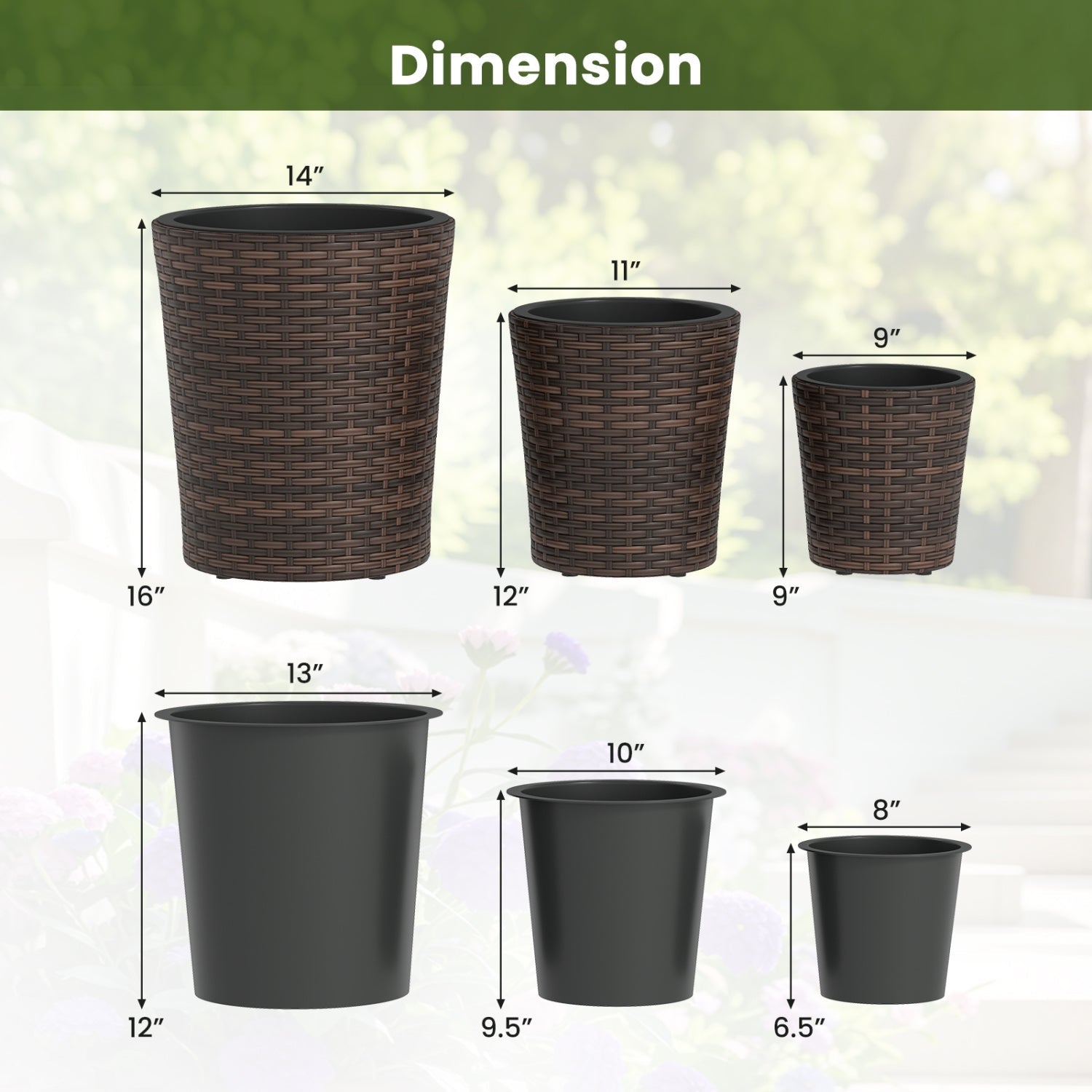Plastic Rattan Planters Set of 3 with Drainage and Saucers