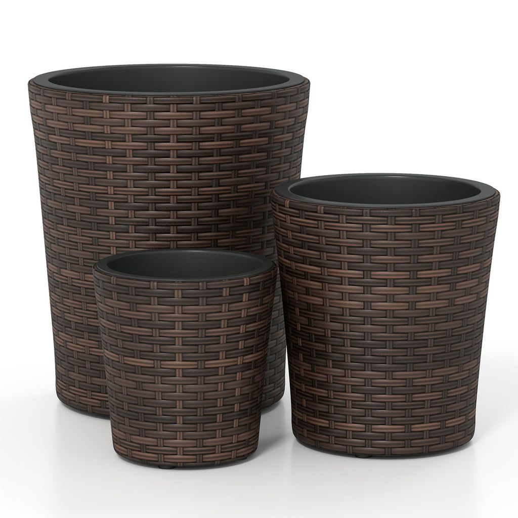 Plastic Rattan Planters Set of 3 with Drainage and Saucers