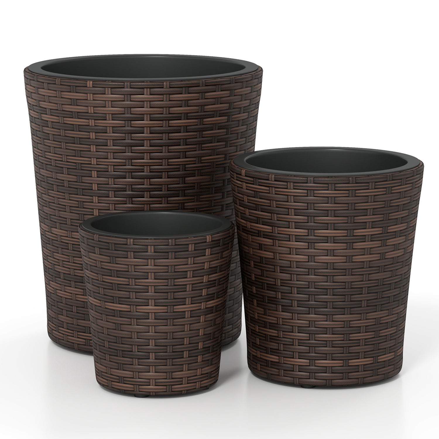 Plastic Rattan Planters Set of 3 with Drainage and Saucers