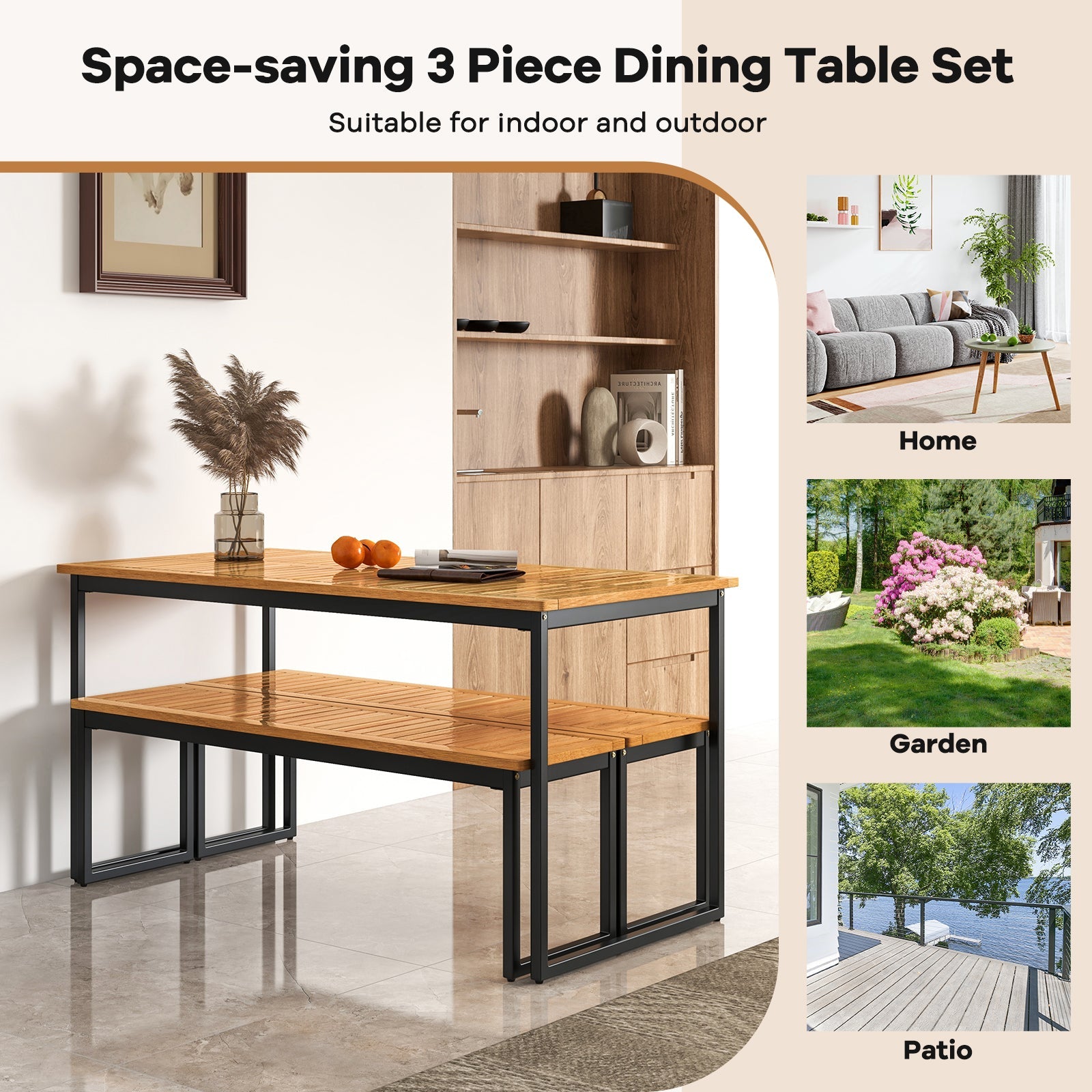 Set of 2 Patio Dining Bench for 2-3 Person Indoor Outdoor