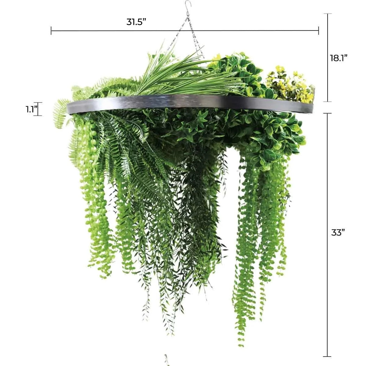 Artificial Hanging Plant Chandelier – Draping Fern Circular Ring (33in long) Silver Frame – UV Resistant