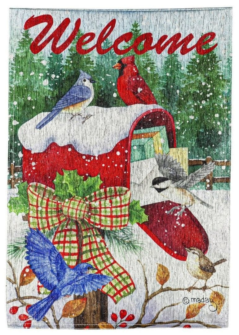 Snowy Mailbox Friends Garden Flag 2 Sided Glisten Winter