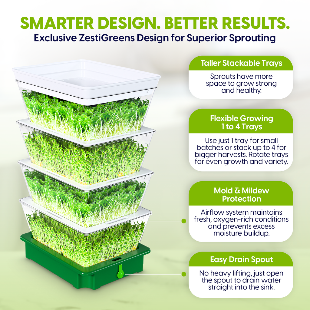 ZESTIGREENS Tiered Sprouting Kit with Drain Spout – Stackable Seed Sprouter Trays for Growing Fresh Sprouts at Home – BPA-Free, Easy Rinse & Drain System